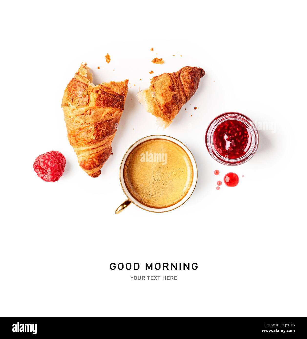 Coffee cup, fresh croissant and raspberry jam creative layout on ...