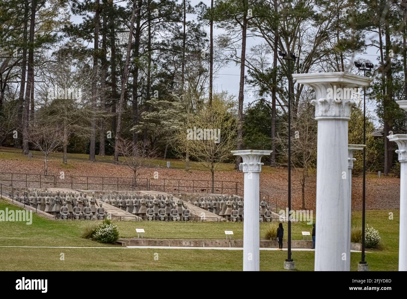 Troy, Alabama, USA-March 20, 2021: Wide angle view of  Janice Hawkins Cultural Arts Park on the campus of Troy University, home to Terracotta Warriors Stock Photo
