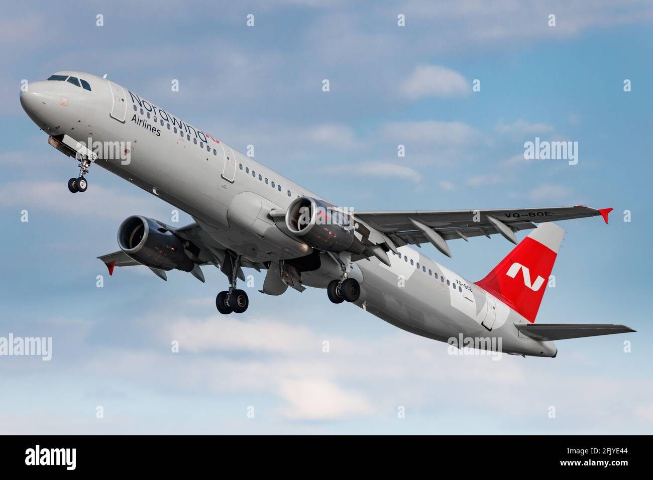 HAMBURG, GERMANY - Apr 27, 2021: Nordwind Airlines (N4 / NWS) departing Hamburg Airport (EDDH/HAM)  with an Airbus A321-211 A321 (VQ-BOE/1219). Stock Photo
