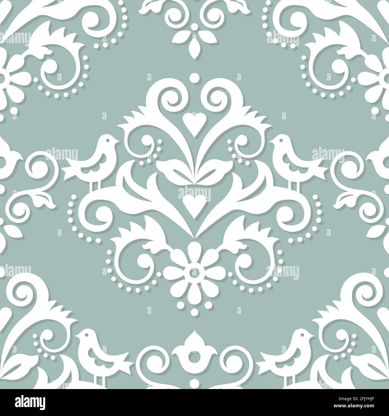 Damask tiled textile or fabric print vector pattern with flowers, birds and swirls, elegant repetitive design Stock Vector