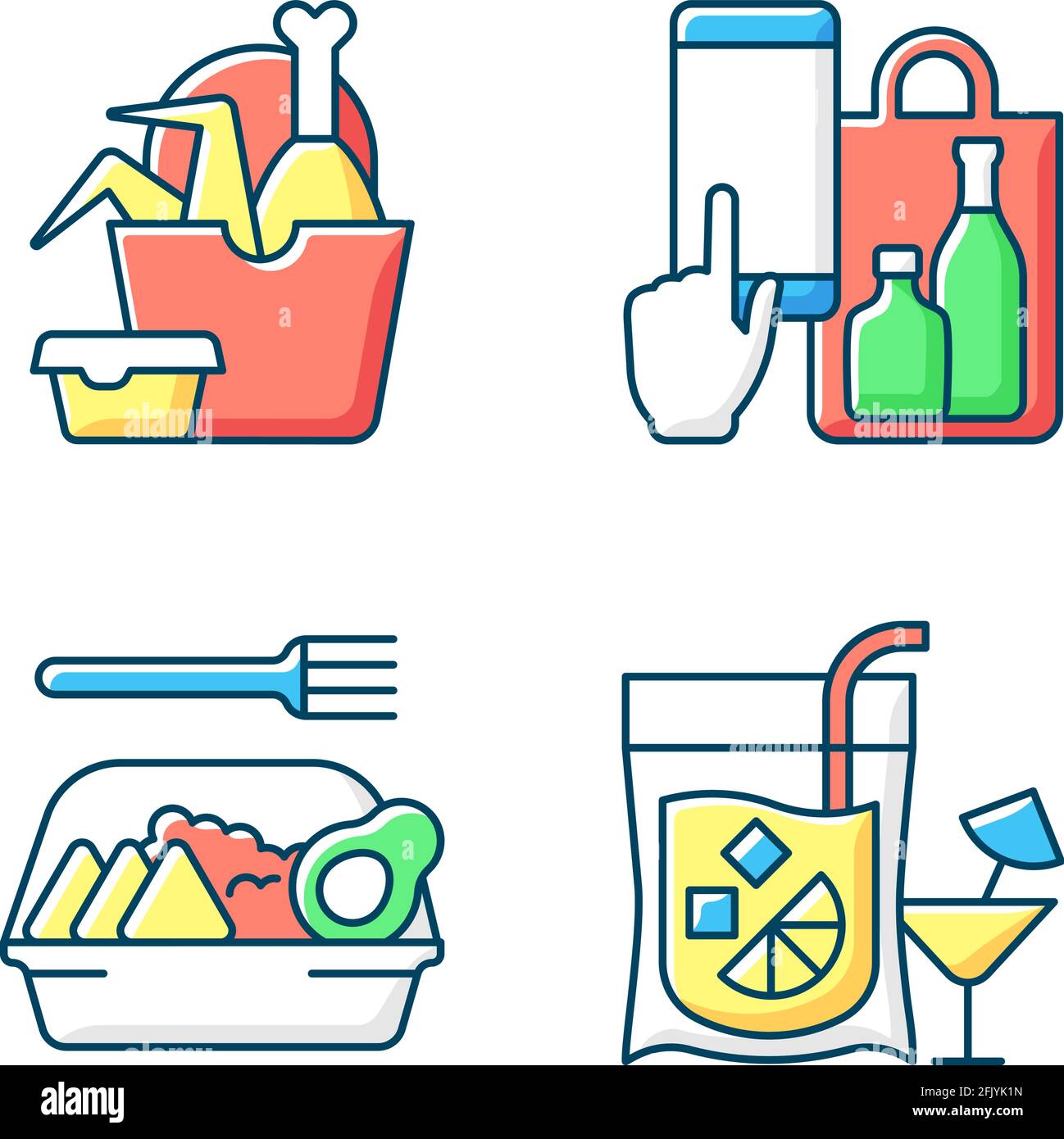 Takeaway and delivery option RGB color icons set. Fried chicken. Phone ordering. Family-style meal. Cocktail. Fast food. Isolated vector illustrations Stock Vector