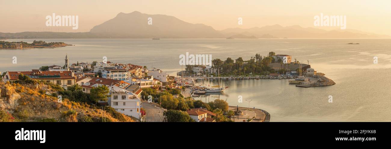 Panorama of the Datca harbour at sunrise, Mugla, Turkey Stock Photo