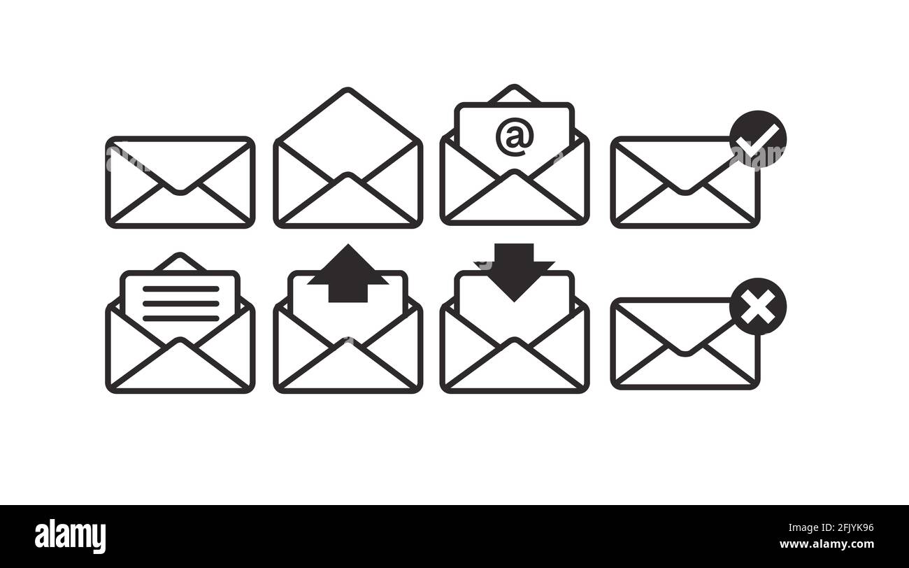 Mail Icon Set. Vector black and white isolated illustration of mail