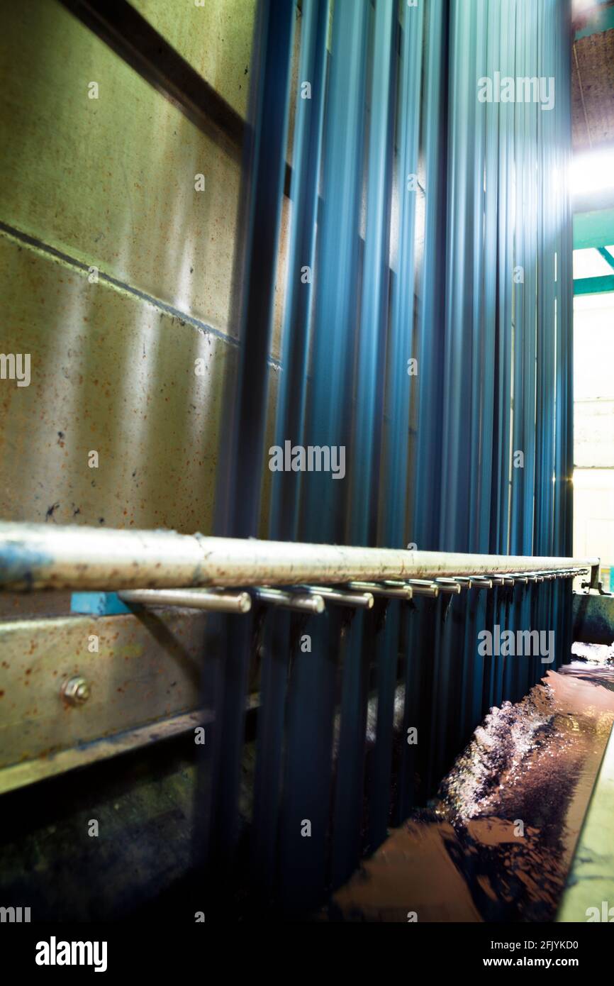 Cotton thread getting dyed in rope dyeing machine for making denim fabric. Stock Photo