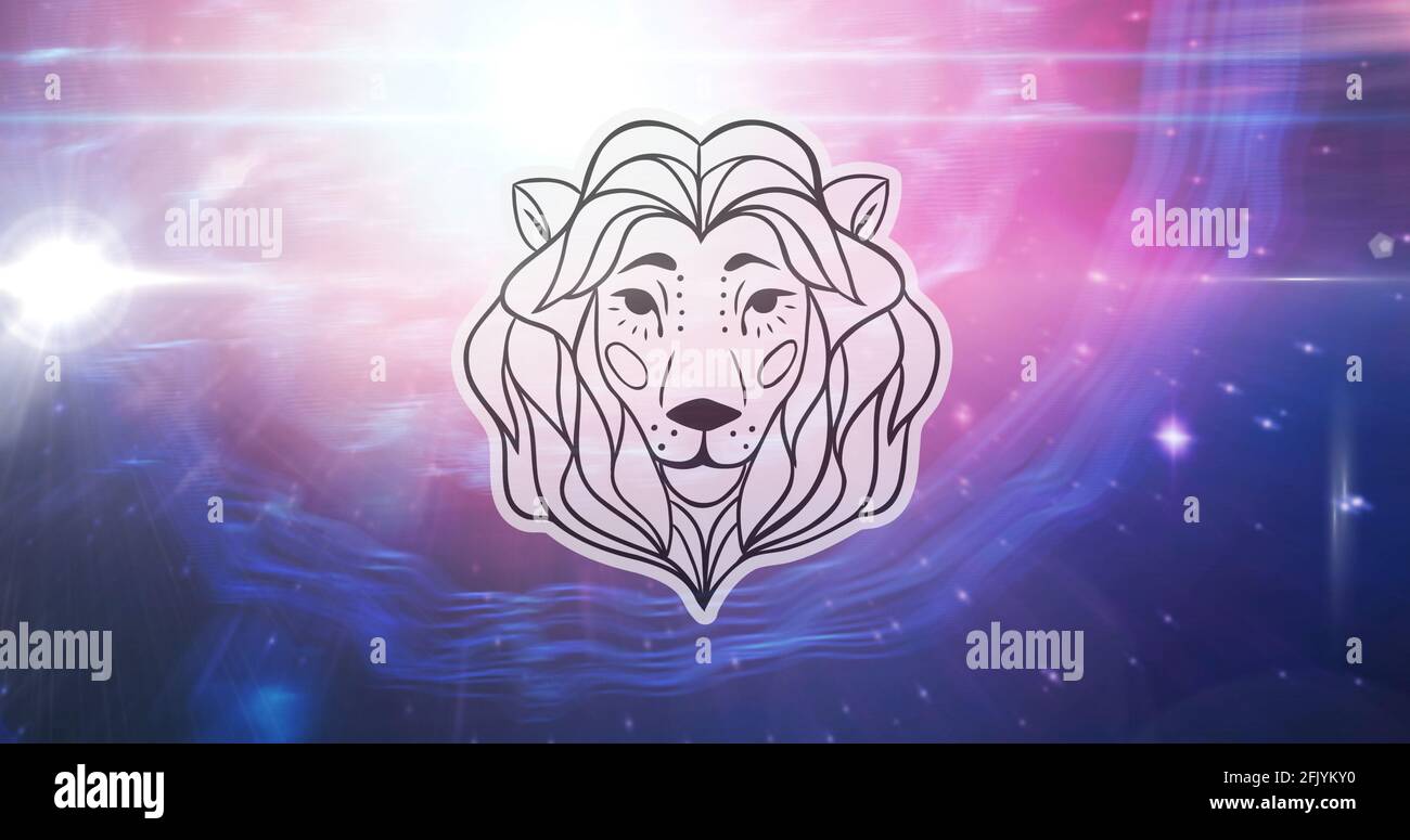 Illustration of black and white leo zodiac star sign over stars on pink to purple background