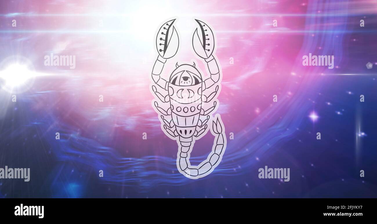 Illustration of black and white scorpio zodiac star sign over stars on pink to purple background Stock Photo