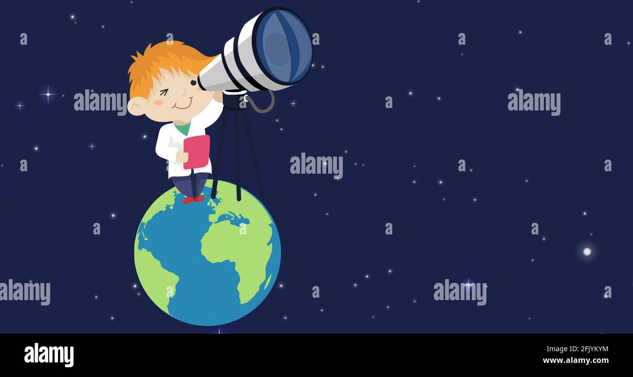 Composition of astronomer with telescope standing on earth over stars on dark blue background Stock Photo