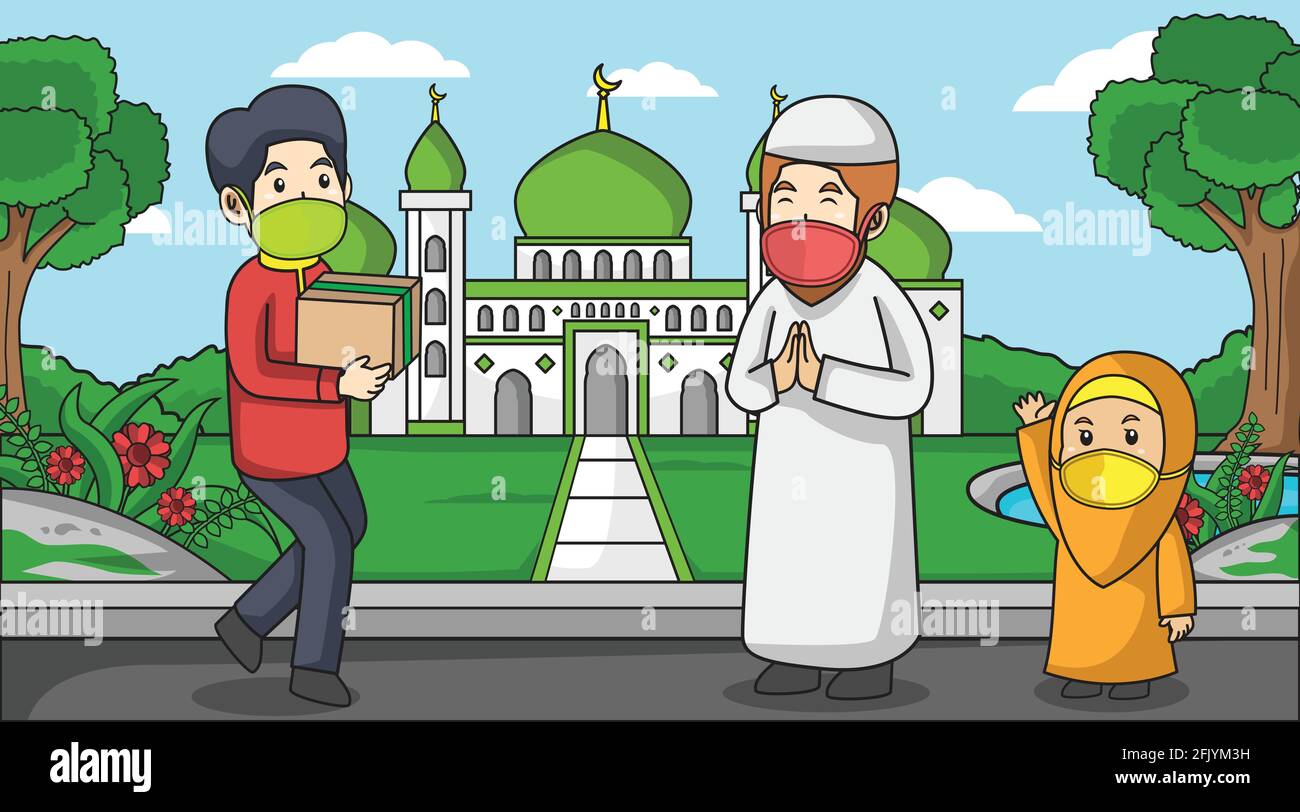 During The Corona Virus Pandemic Muslim Giving Donation And Silaturahim Greeting Forgiveness Using Masker And Health Protocol Vector Children Illustr Stock Vector Image Art Alamy