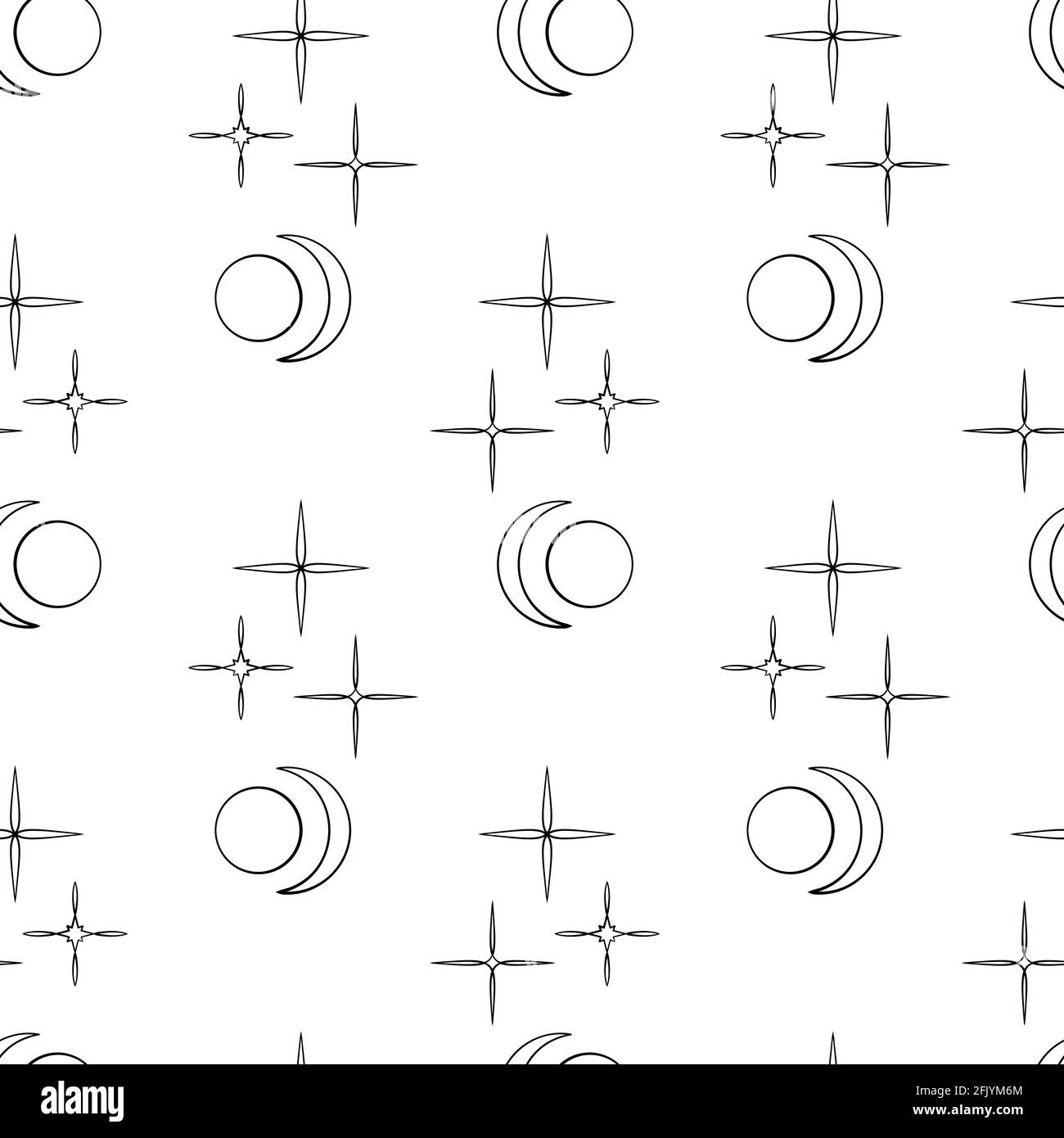 Monochrome seamless pattern with black stars and crescents on white ...