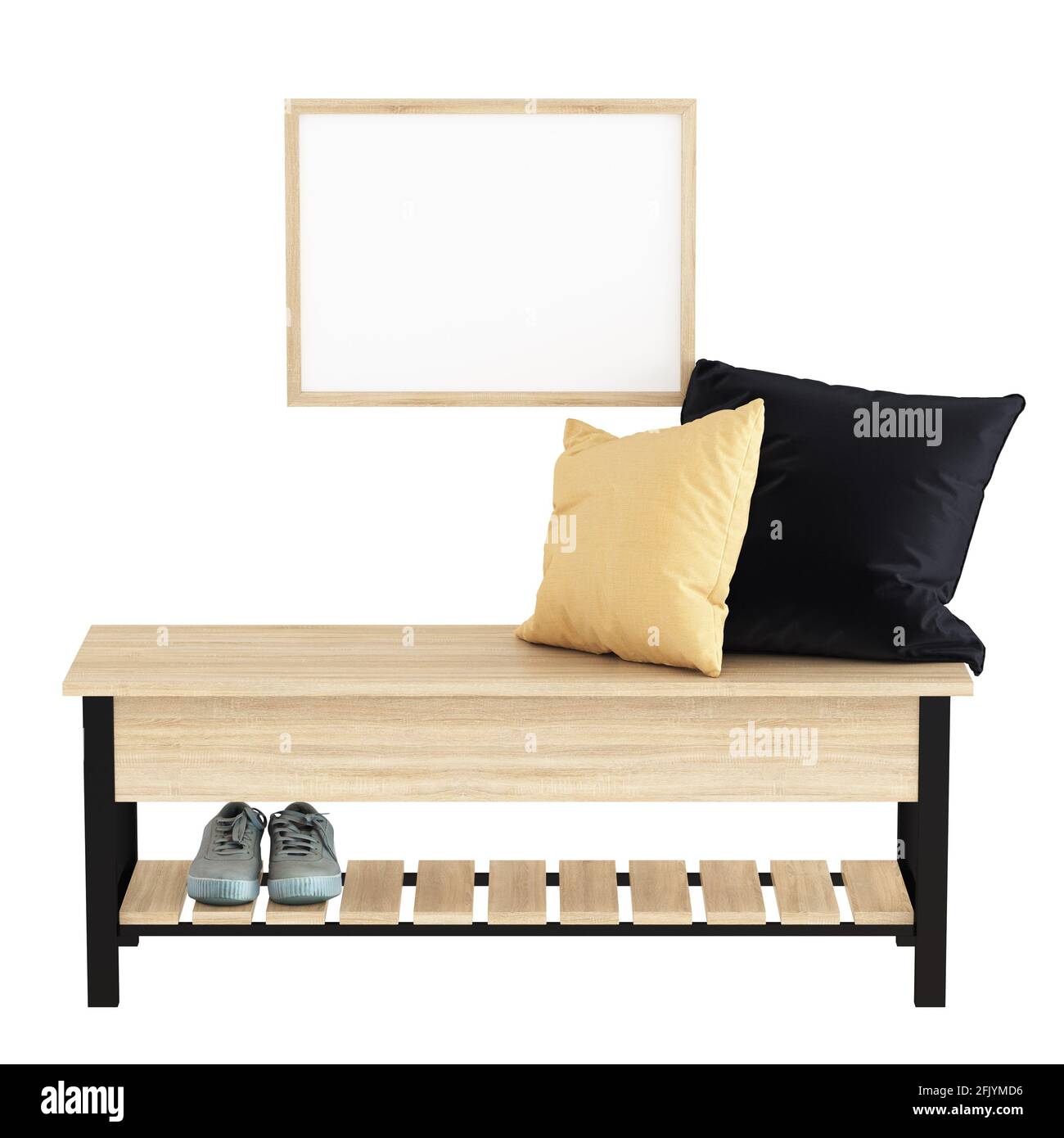 Light metal wood bench with a pillow and a pair of shoes and a frame with blank picture on an isolated background. Hallway decor. 3d rendering Stock Photo