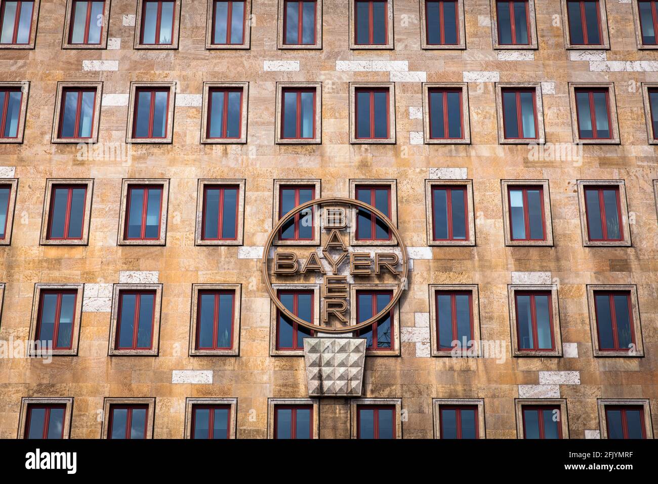 the Bayer AG building Q 30 with Bayer cross on the facade, Kaiser-Wilhelm-Allee, architect Emil Fahrenkamp, Leverkusen, North Rhine-Westphalia, German Stock Photo