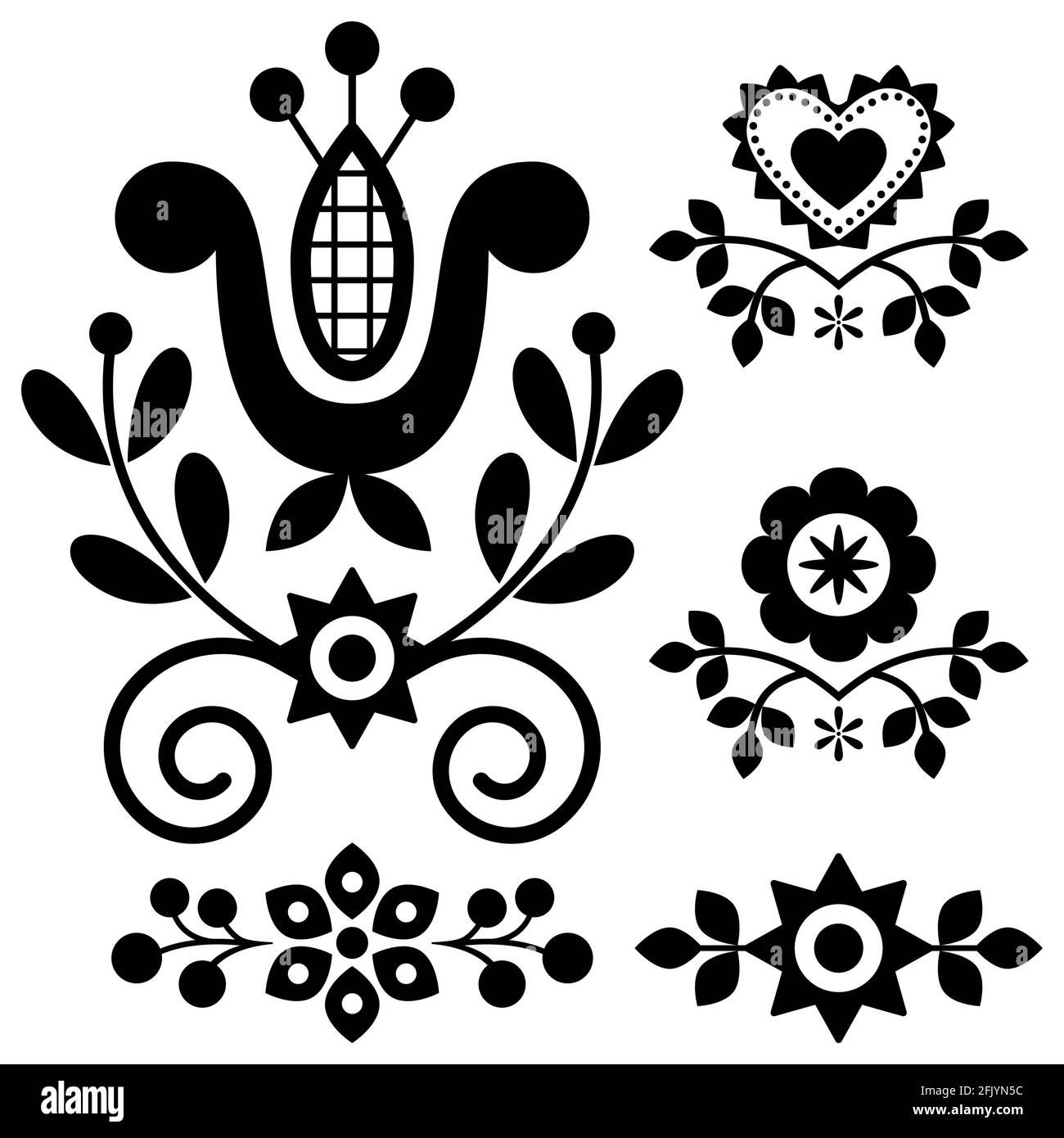 Floral folk art vector design elements inspired by traditional highlanders embroidery Lachy Sadeckie from Nowy Sacz in Poland in black and white Stock Vector