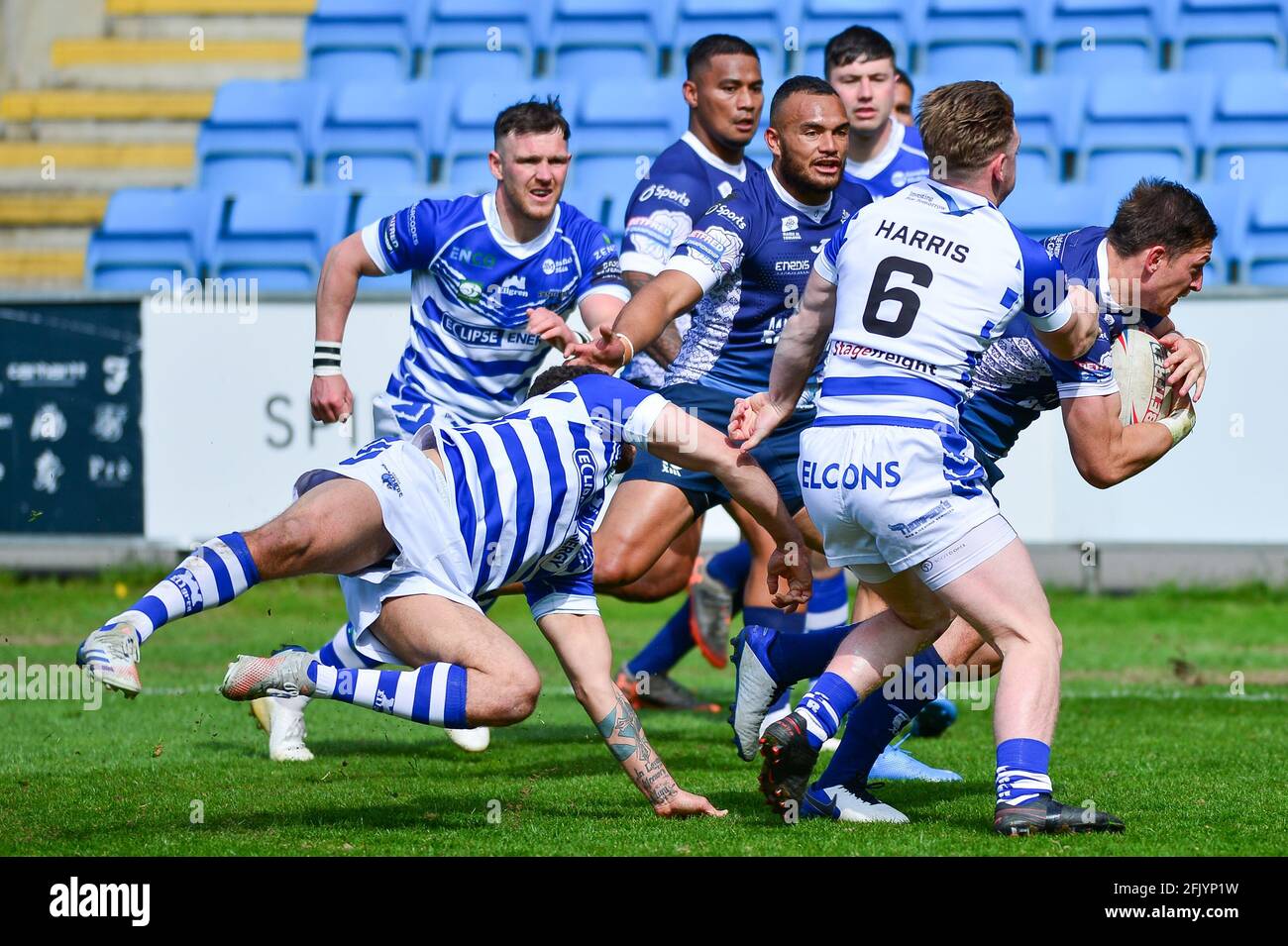 Halifax, England - 25th April 2021 - Andrew Dixon of Toulouse Olympique XIII  scores try during the Rugby League Betfred Championship Halifax vs Toulouse  Olympique XIII at The Shay Stadium, Halifax, UK