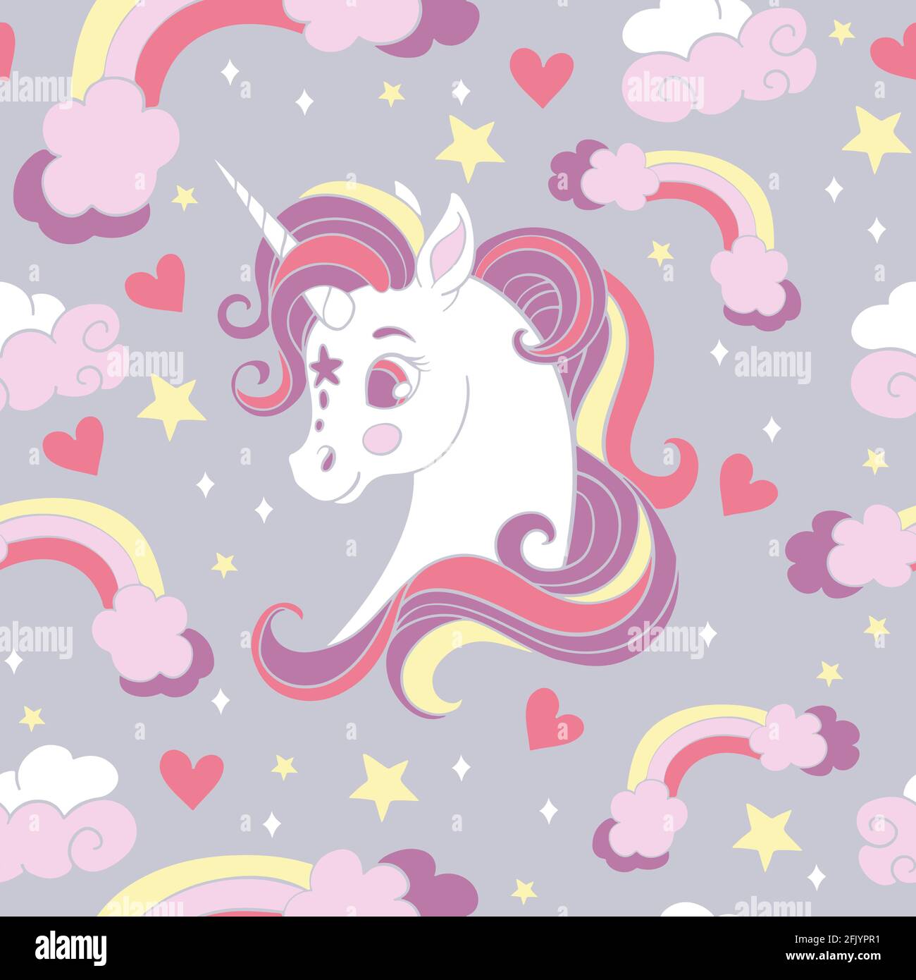 Seamless pattern with cute cartoon unicorn and rainbows on gray ...