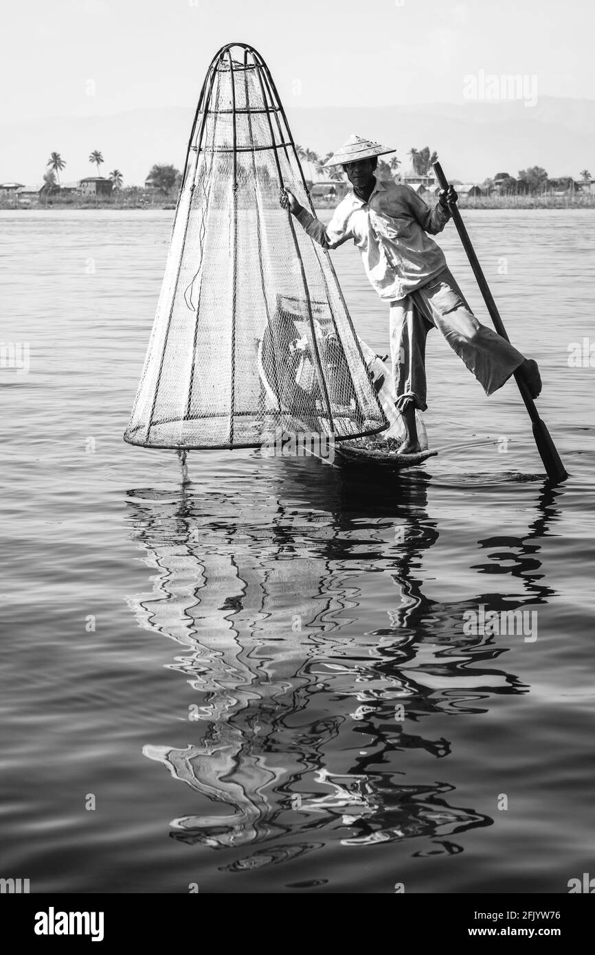 Fishing net on lake Black and White Stock Photos & Images - Alamy