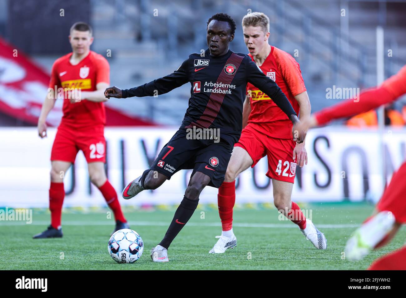 Farum, Denmark. 26th Apr, 2021. Pione Sisto (7) of FC Midtjylland seen  during the 3F Superliga match between FC Nordsjaelland and FC Midtjylland  in Right to Dream Park in Farum. (Photo Credit: