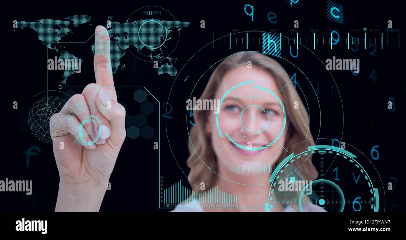 Composition of woman touching virtual screen with scope scanning, world map and data processing Stock Photo