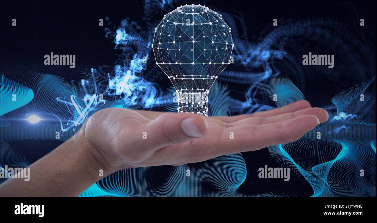 Composition of light bulb with network of connections over man's hand ...