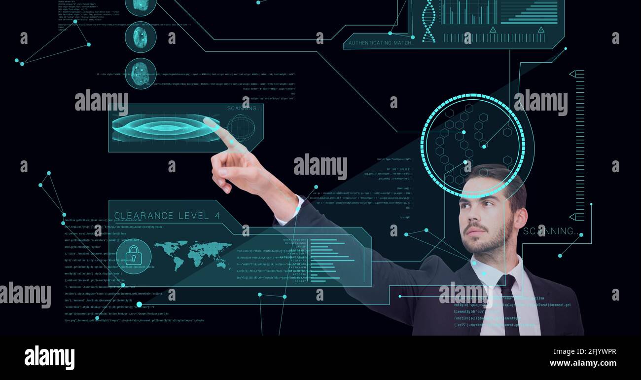 Composition of man touching virtual screen with scope scanning and data processing Stock Photo