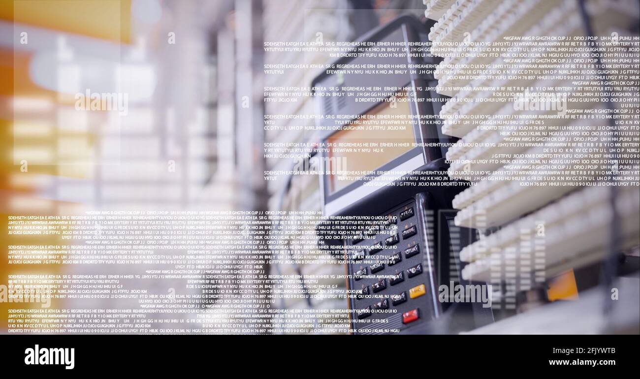 Composition of data processing over close up of checking terminal and ...