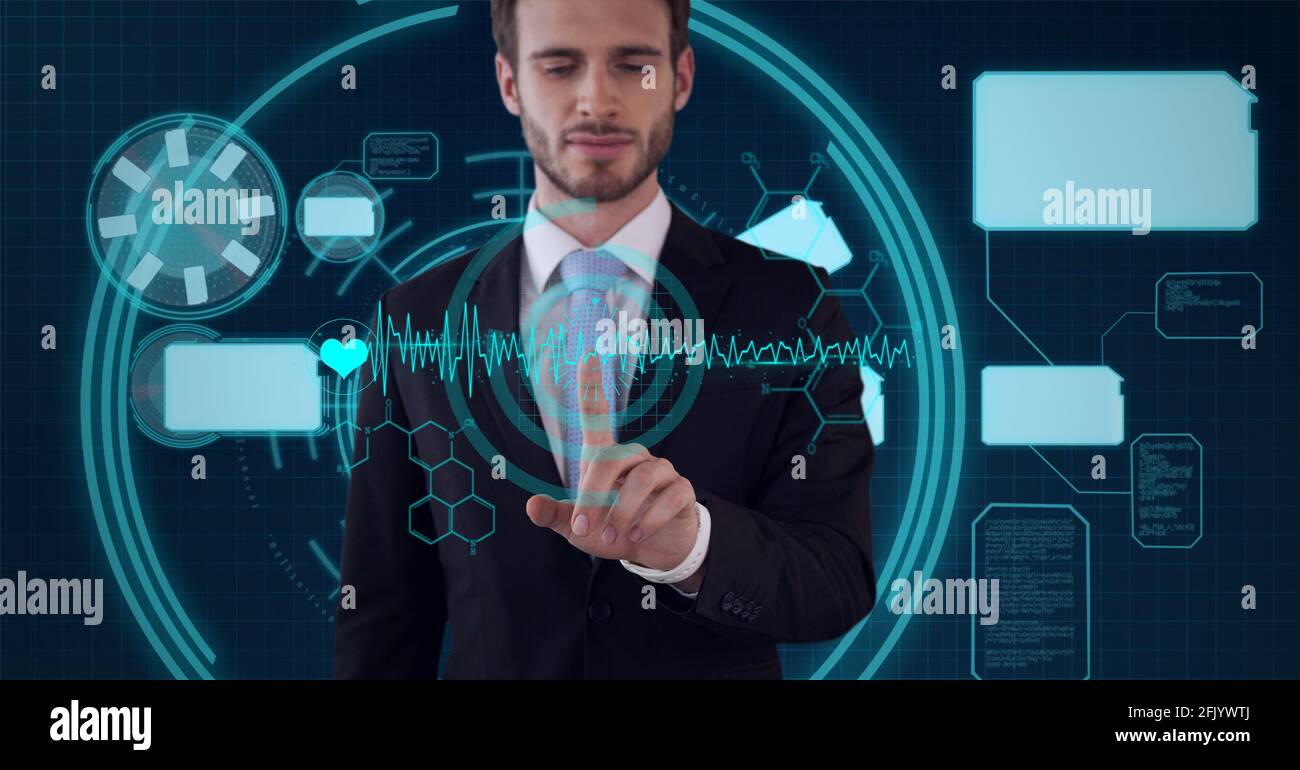 Composition of man touching virtual screen with scope scanning and data processing Stock Photo
