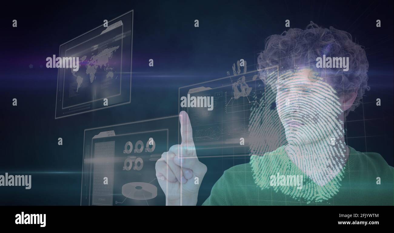 Composition of man touching virtual screen with biometric fingerprint and data processing Stock Photo