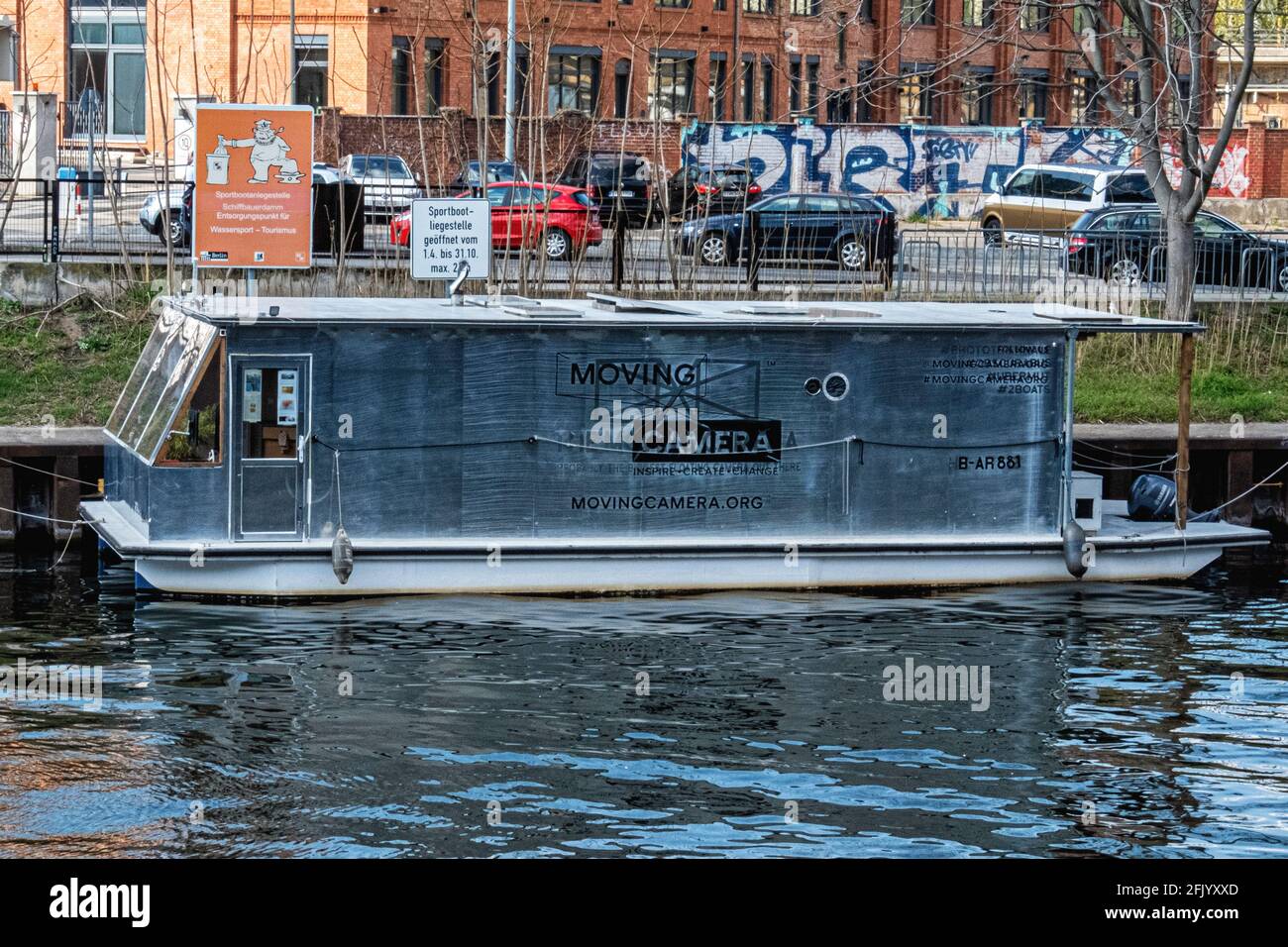 Moving Camera on Spree River,Mitte, Berlin The houseboat is a floating Camera Obscura and Polish Artist Maciej Markowicz takes pictures from the water Stock Photo