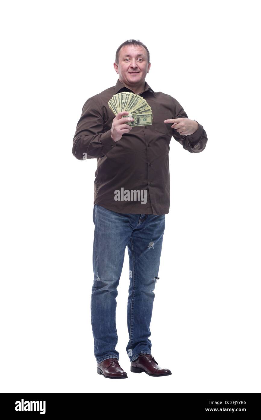 in full growth. smiling man with a fan of dollar bills Stock Photo - Alamy