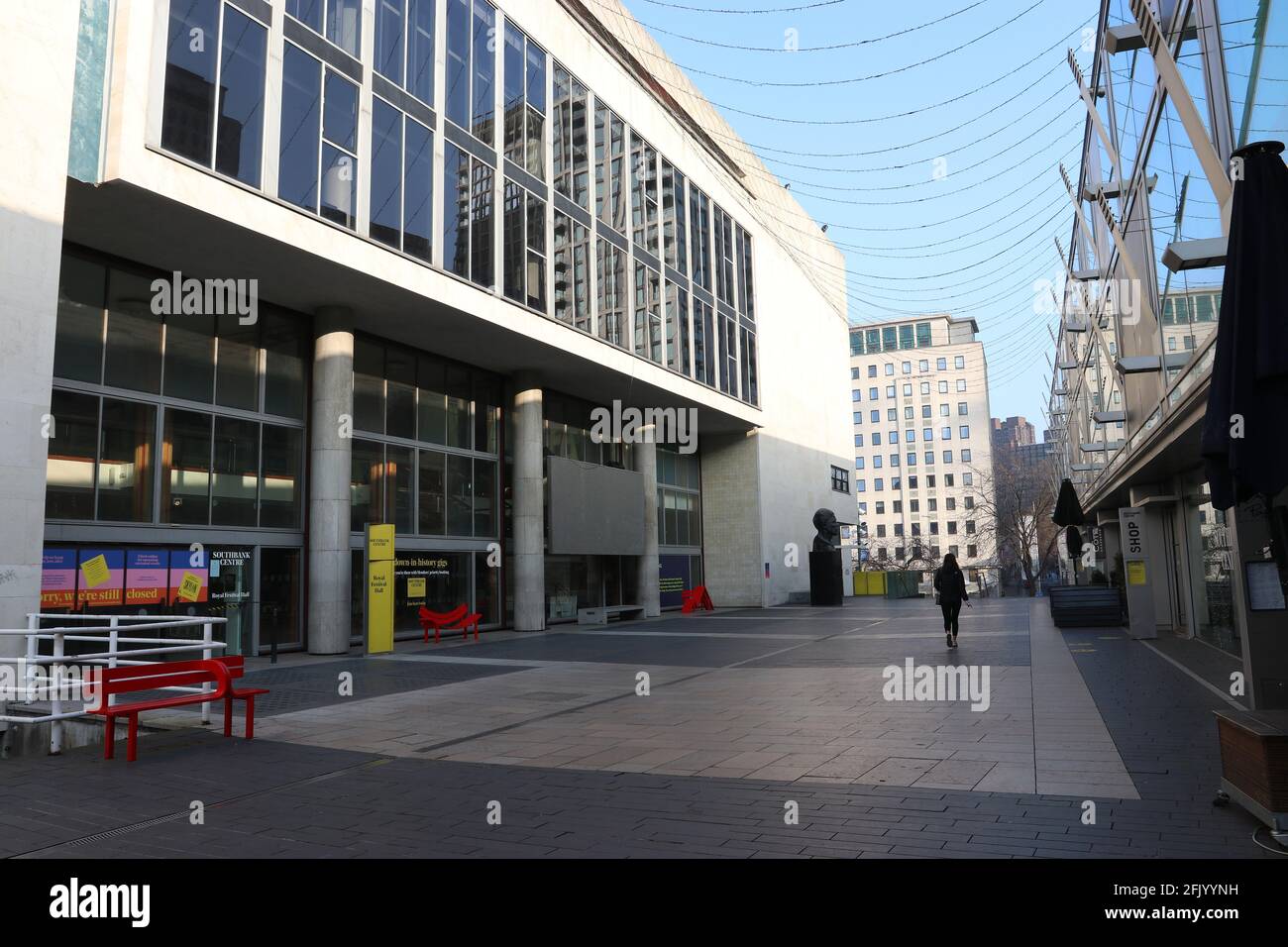 Mandela Walk, Southbank Centre, London.  Looking along the side of the Festival Hall towards Mandela's statue and Belvedere Road.  March 2021 Stock Photo