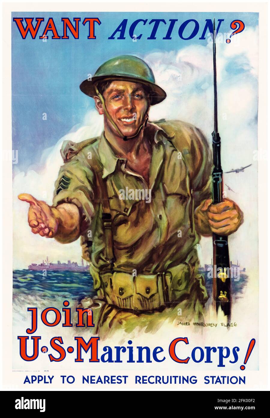 American, WW2 military recruitment poster: Want Action?, Join US Marine Corps! (USMC), 1942-1945 Stock Photo