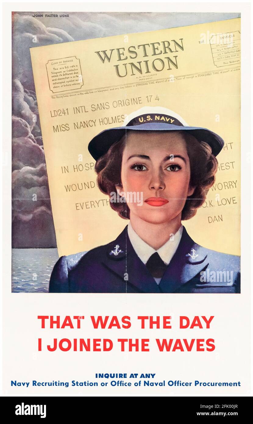 American, WW2 female recruitment poster, WAVES (Women Accepted for Volunteer Emergency Service), US Navy, 1941-1945 Stock Photo