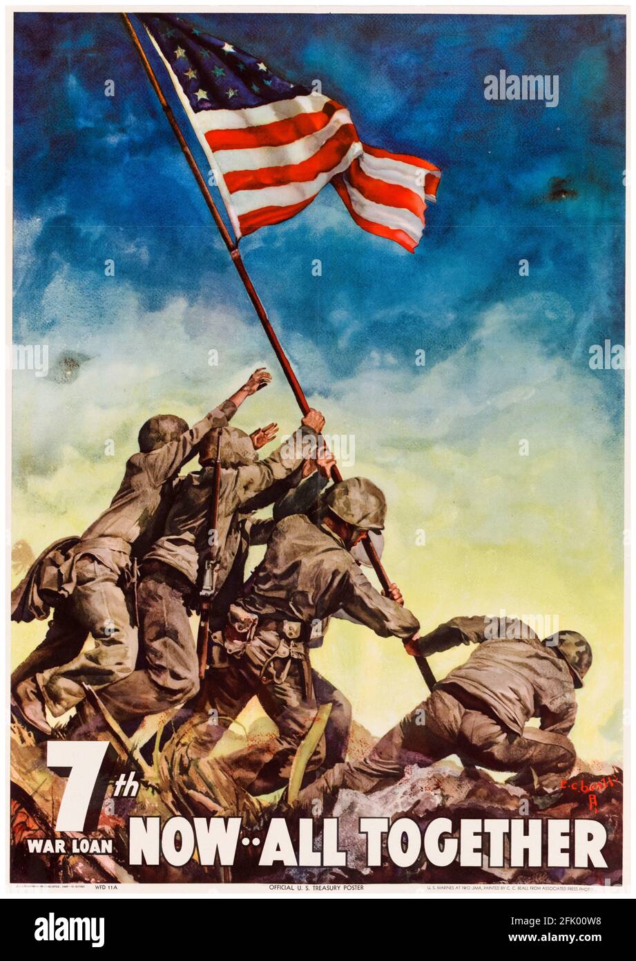 Now, All Together: US Marines raise the Stars and Stripes Flag on Iwo Jima, 7th War Loan, American, WW2 finance poster, 1942-1945 Stock Photo