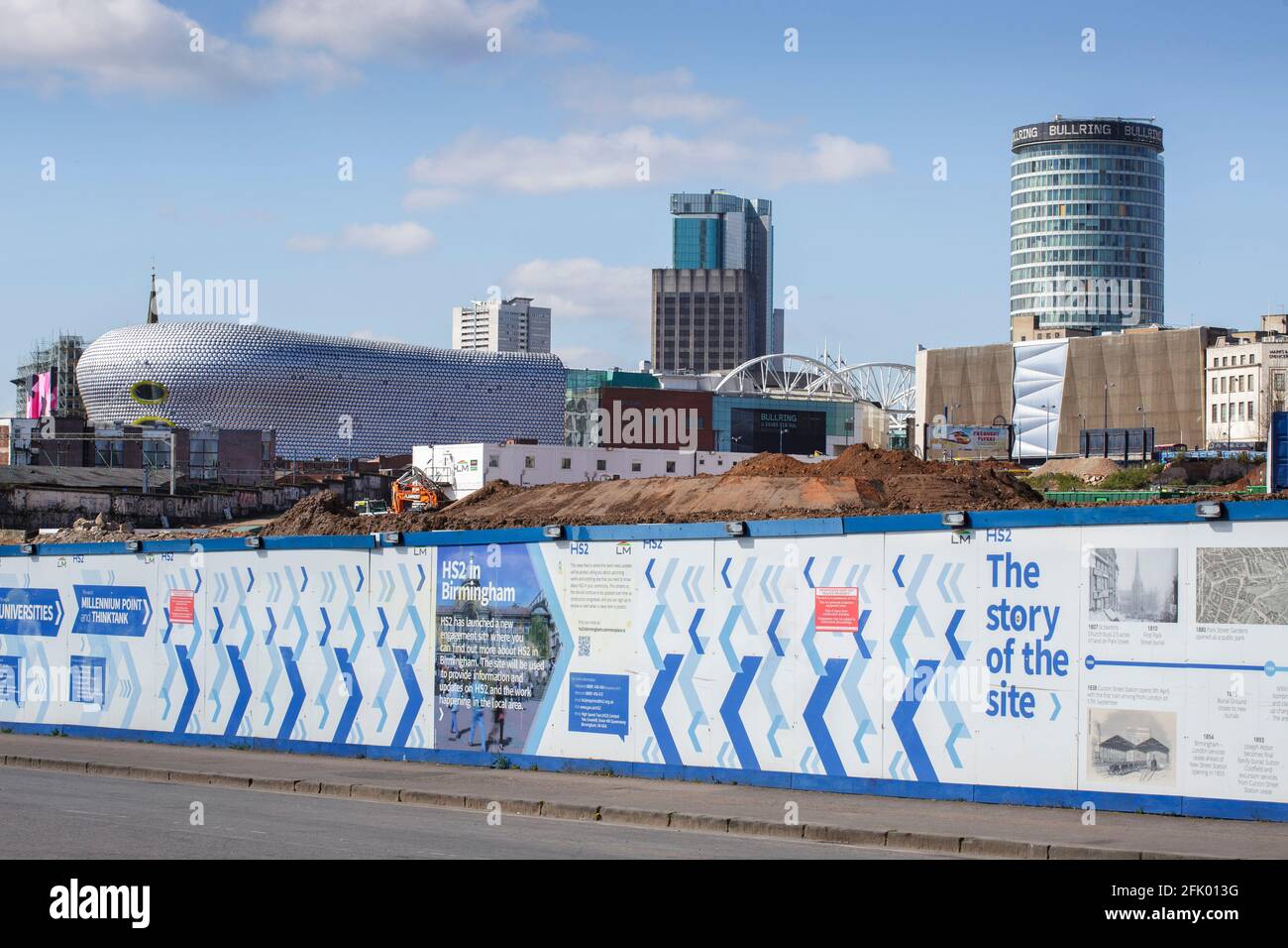 The building site for the HS2 rail route through Birmingham seen from Curzon Street. The Selfridges store and the Rotunda are in the background. Stock Photo