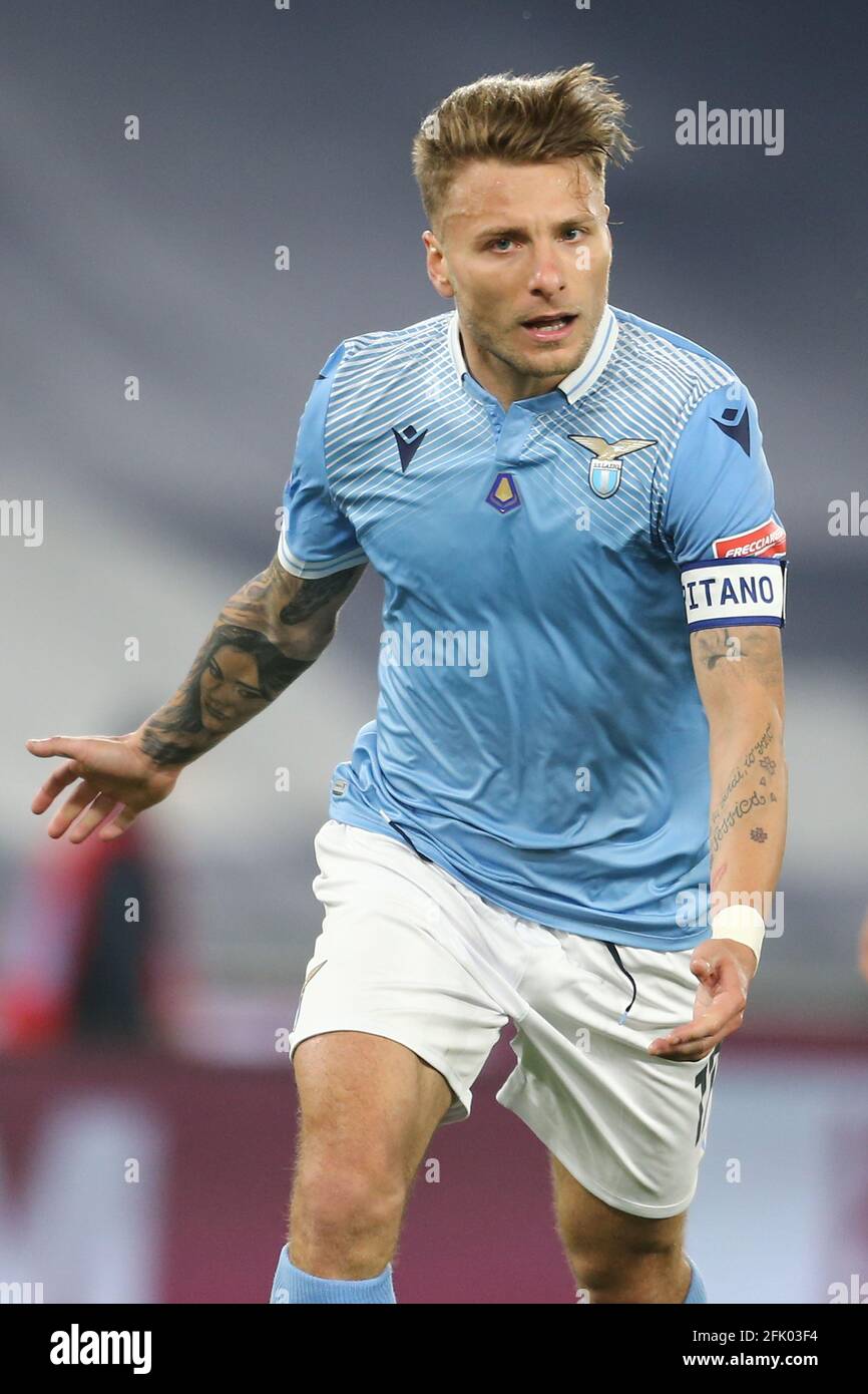 LazioÕs Italian striker Ciro Immobile celebrates after scoring a goal during Serie A football match between SS Lazio and  Milan at the Olimpico Stadium, Roma, Italy, on 26 April 2021 Stock Photo