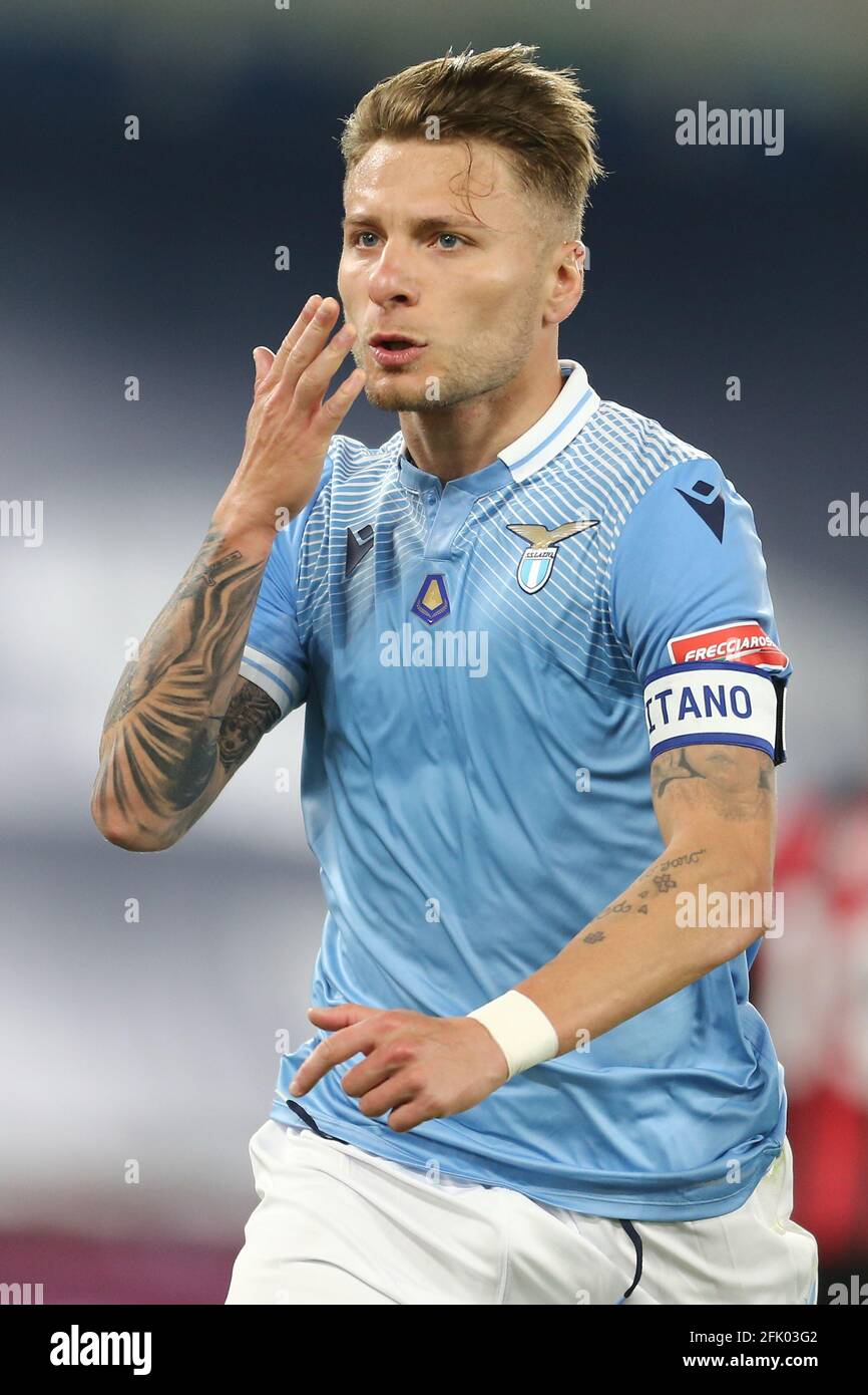 LazioÕs Italian striker Ciro Immobile celebrates after scoring a goal during Serie A football match between SS Lazio and  Milan at the Olimpico Stadium, Roma, Italy, on 26 April 2021 Stock Photo