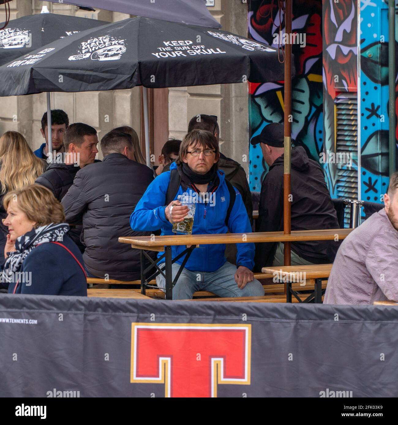Dundee, Tayside, Scotland 26th of Apr 2021: Pubs with beer gardens open throughout Dundee city centre, as the scottish government relax the lock down restrictions, which see business opening up, and some normality returning to people lives. Stock Photo