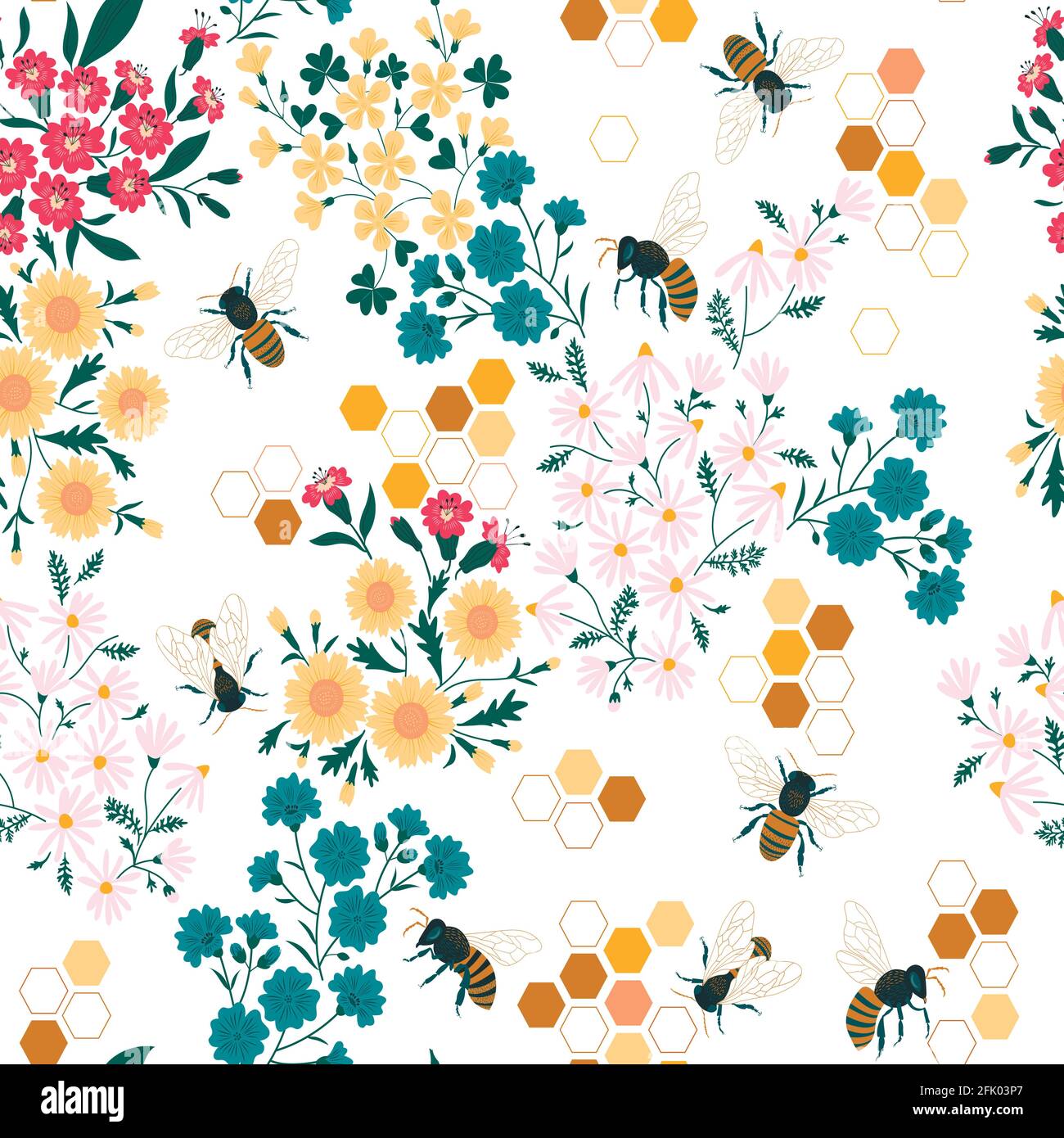 Meadow wildflower honeybee vector seamless pattern. Bee flower ...