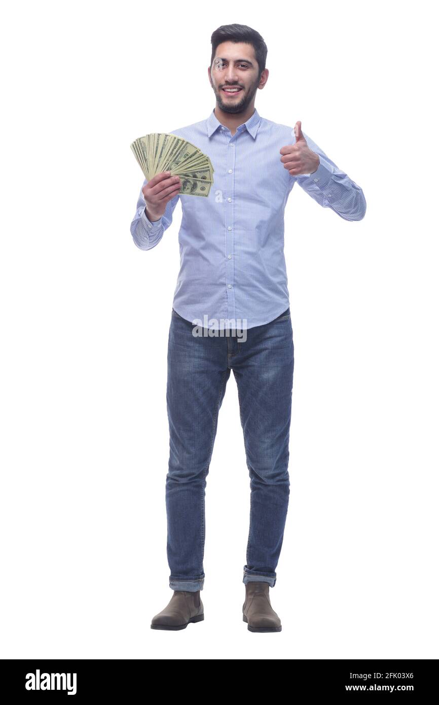 in full growth. happy man with a fan of dollar bills Stock Photo - Alamy