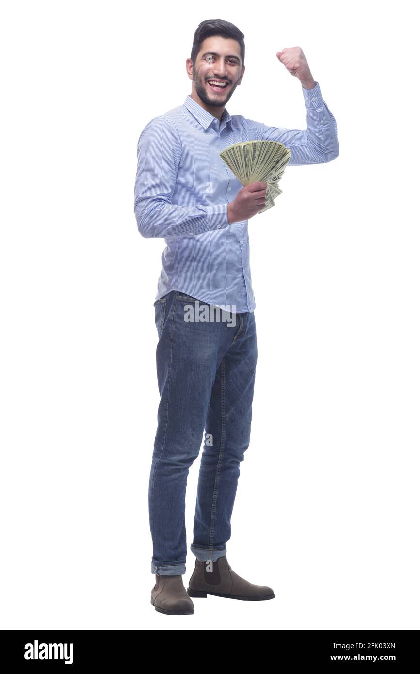 in full growth. happy man with a fan of dollar bills Stock Photo - Alamy