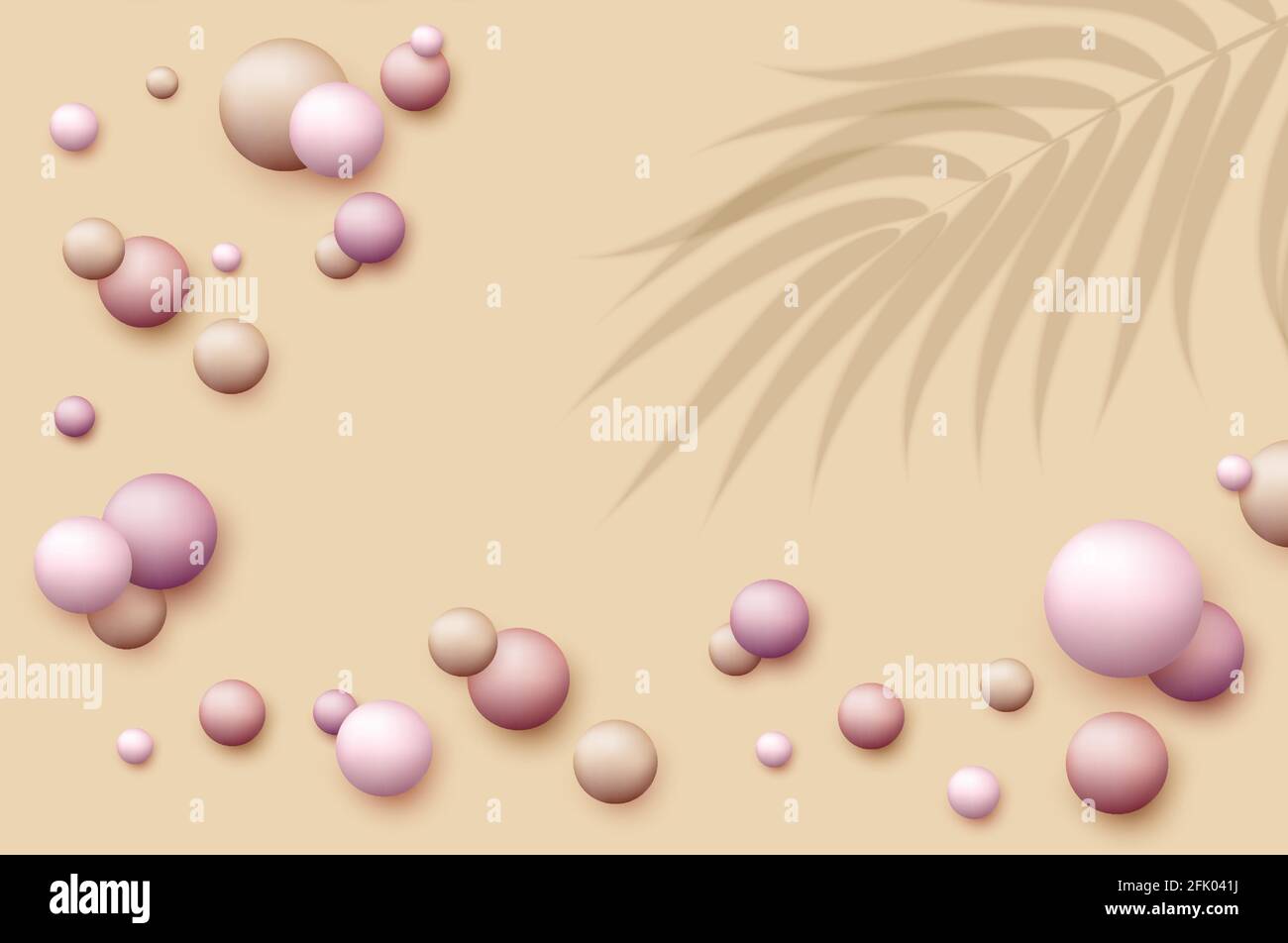 Vector dynamic background with colorful realistic 3d balls. Round sphere in pearls pastel colors with overlay palm leaves shadow. Powder balls Stock Vector