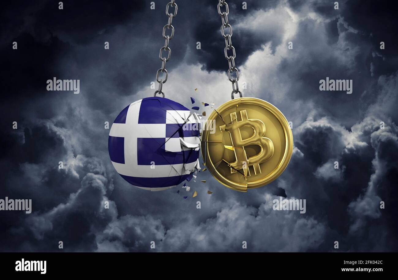 Greece flag smashing into a gold bitcoin crypto coin. 3D Rendering Stock  Photo - Alamy