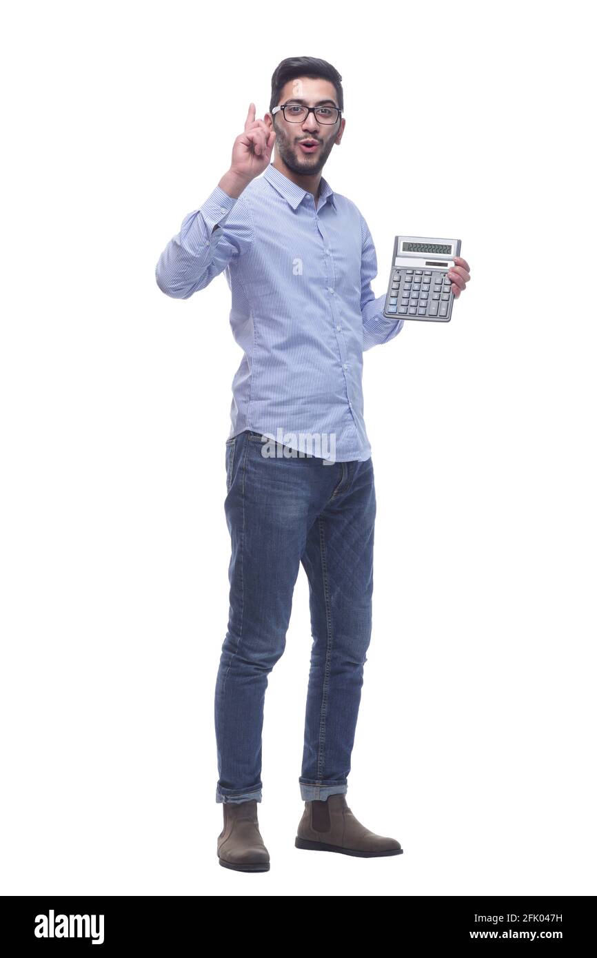 in full growth. smart young man with a calculator Stock Photo - Alamy