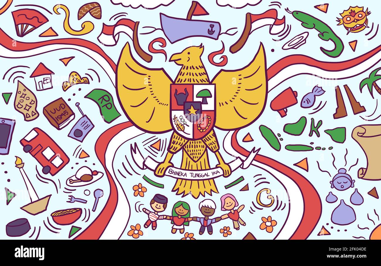 Cartoon illustration of Garuda Pancasila and other Indonesia themed doodle. Cute and colorful objects related to independence day Stock Photo