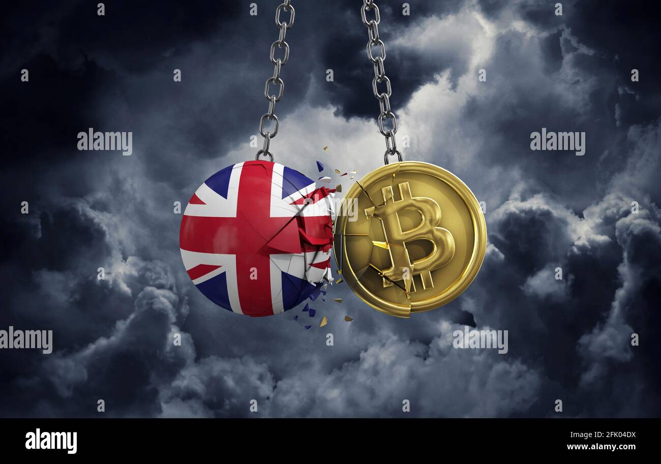 UK flag smashing into a gold bitcoin crypto coin. 3D Rendering Stock Photo  - Alamy