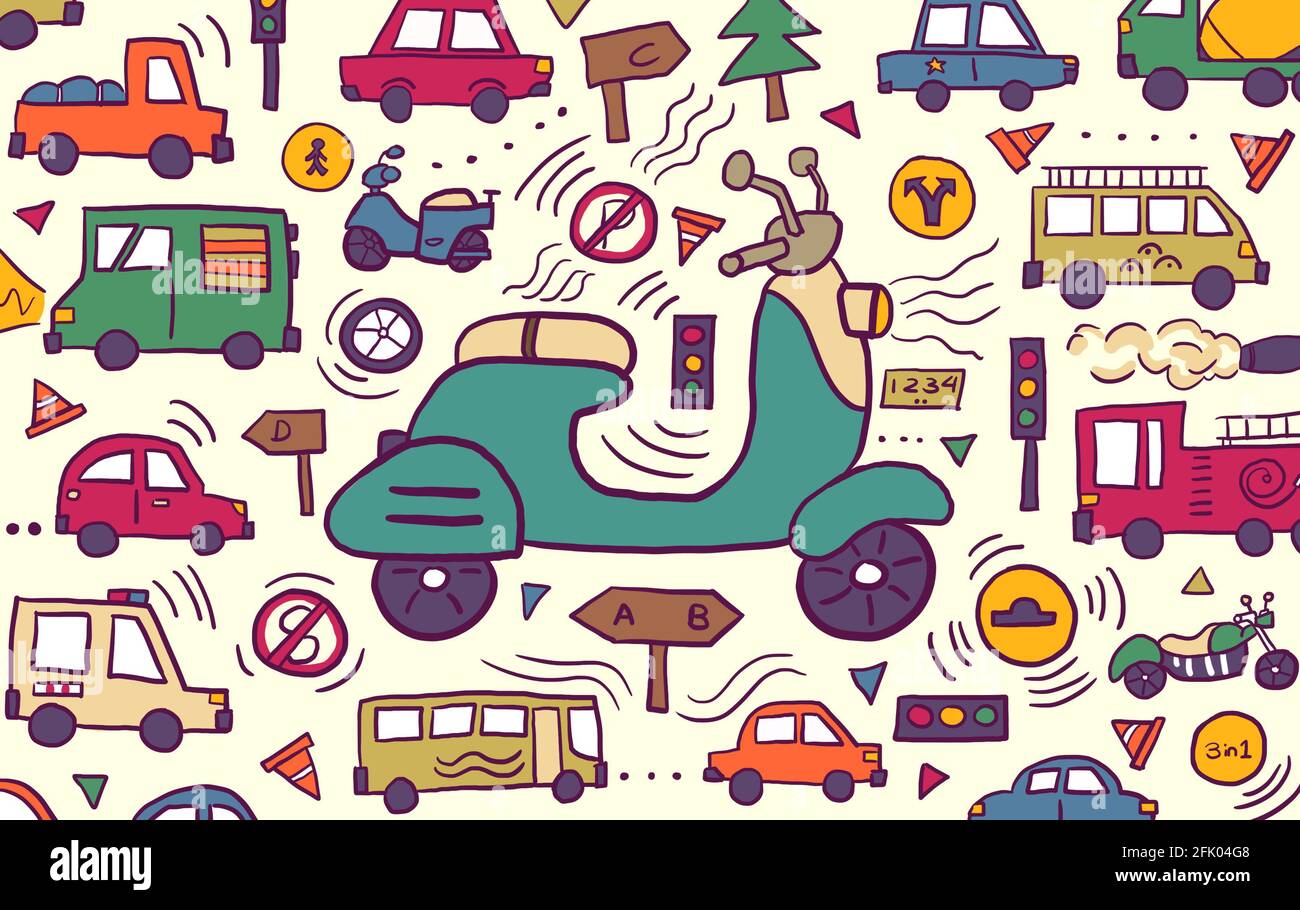 Colorful cartoon doodle of different vehicles. Cute childish style of drawing and coloring Stock Photo