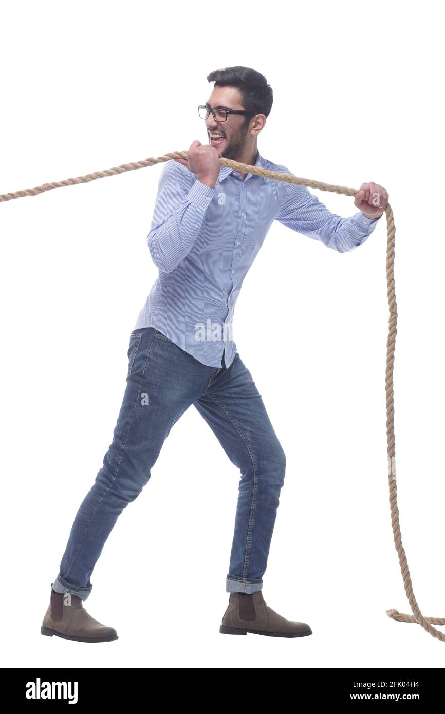 purposeful young man pulls the rope. isolated on a white background Stock  Photo - Alamy