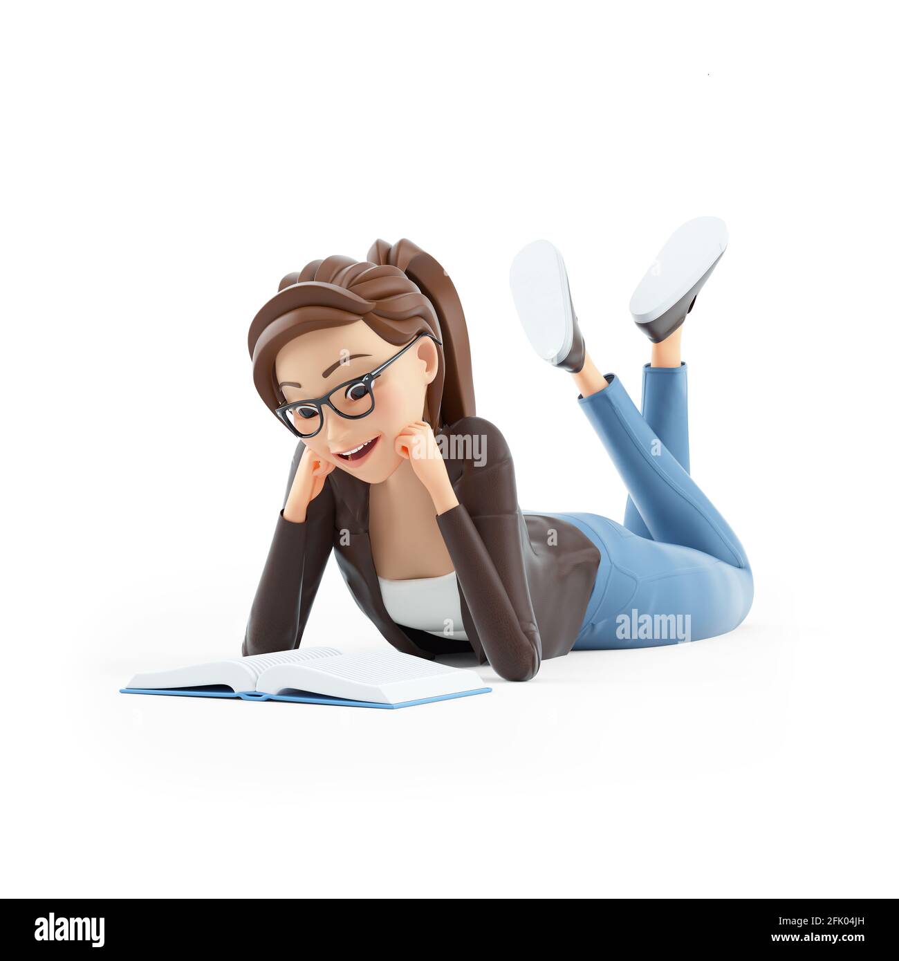 3d cartoon woman reading book lying down on floor, illustration
