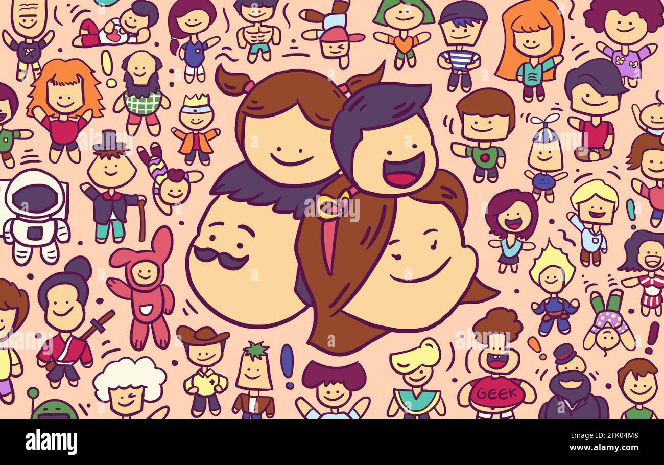 Colorful cartoon childish doodle of family and random people with different gender, job, and personality Stock Photo