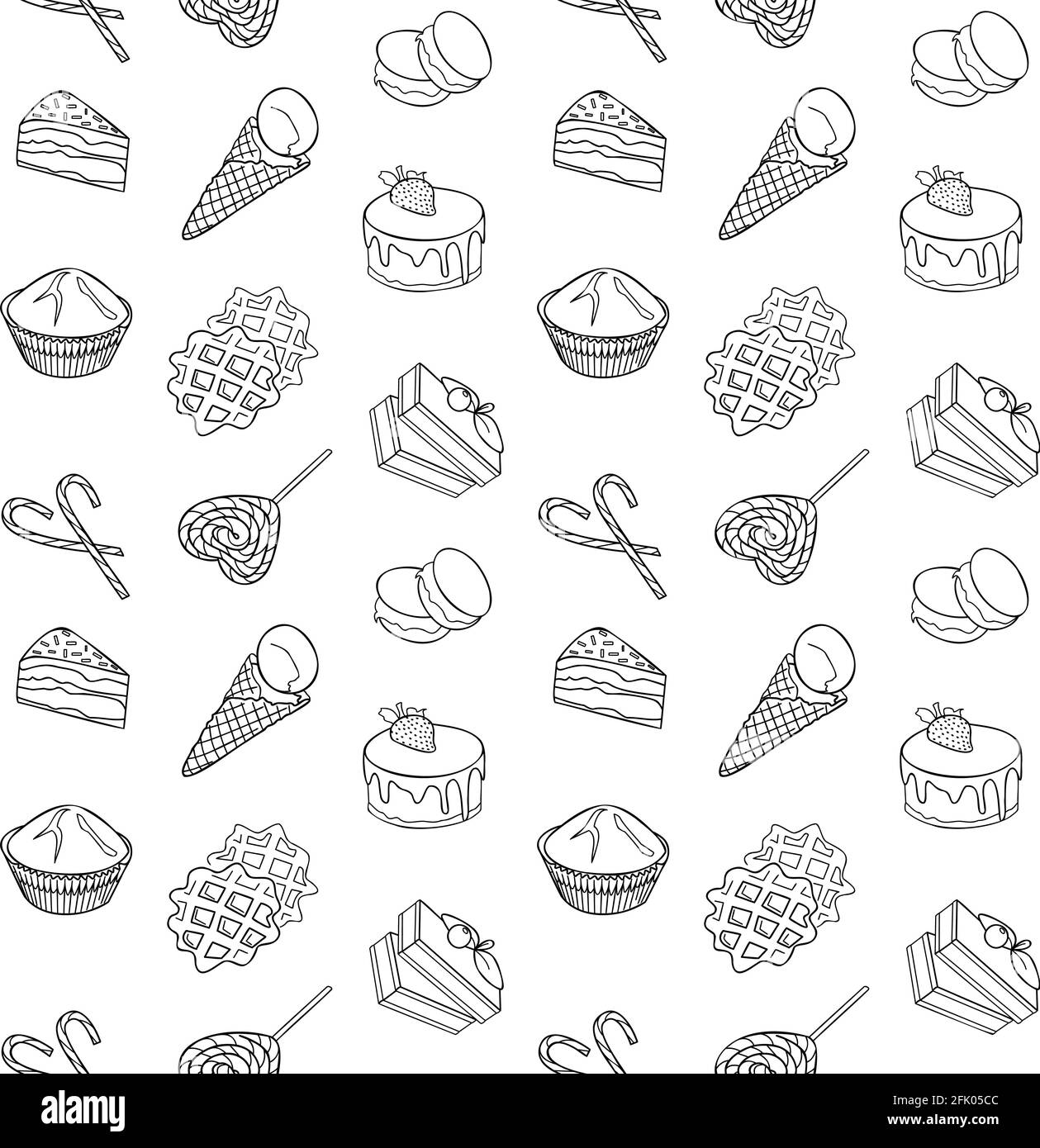 food item black outline hand drawn seamless pattern, set of bakery, sweets collection candy cane, cupcake, macaroon, icecream, pie kitchen design vect Stock Vector