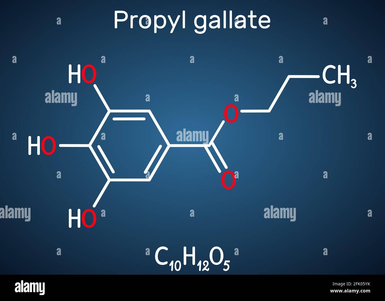 Propyl gallate, N-Propyl gallate molecule. It is antioxidant, food additive, E310. Structural chemical formula on the dark blue background Stock Vector